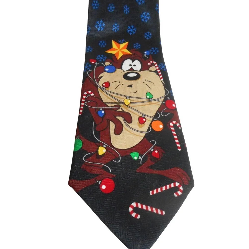 Vintage Looney Tunes Tazmania Devil with lights on black Christmas tie necktie